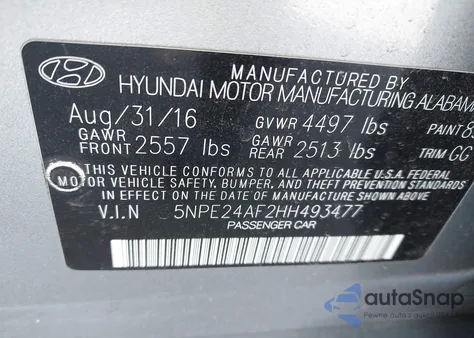2017 Hyundai Sonata z USA, uszkodzony, nr VIN 5NPE24AF2HH493477